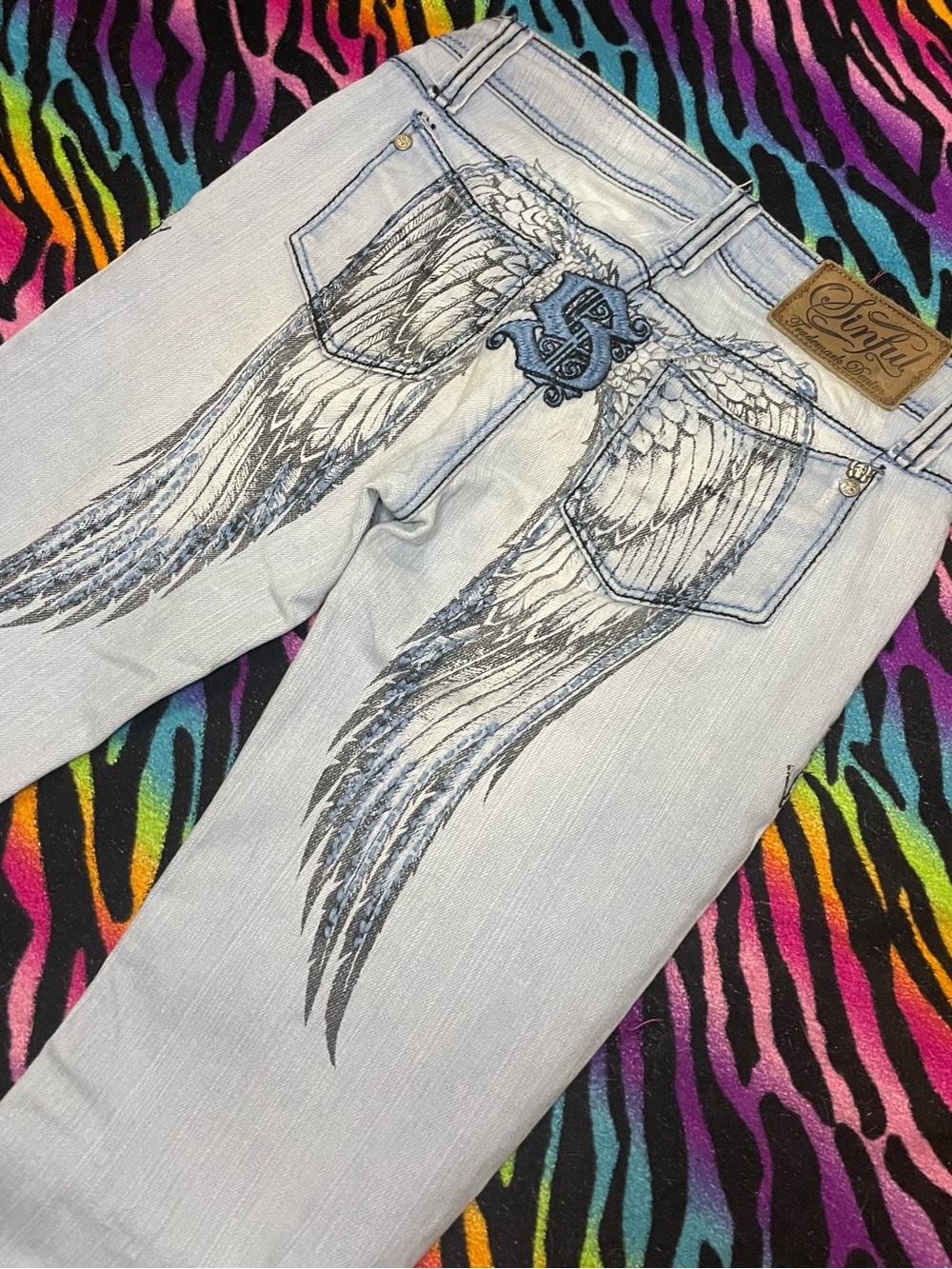 Y2k VTG Sinful By Affliction Denim Jeans Angel Wings Embroidered Women's RARE
